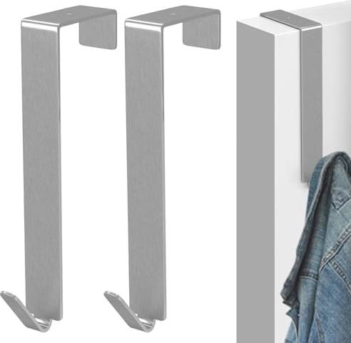 HSLXBY Türhaken aus Edelstahl,2 Stücke Premium Türhaken zum Einhängen,Edelstahl Kleiderhaken Tür mit Anti,Tür kleiderhaken,Garderobenhaken für Schranktür und Zimmertür außen（Silber）
