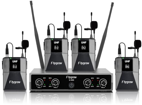 Flygrow Pro UHF 4 Channel Wireless Microphone System with Lapel Lavalier Mics, UHF Bodypack Cordless Lavalier Mic System Set, Auto Scan,Ideal for Home Karaoke Church Meeting,250ft Range(4 Bodypack)
