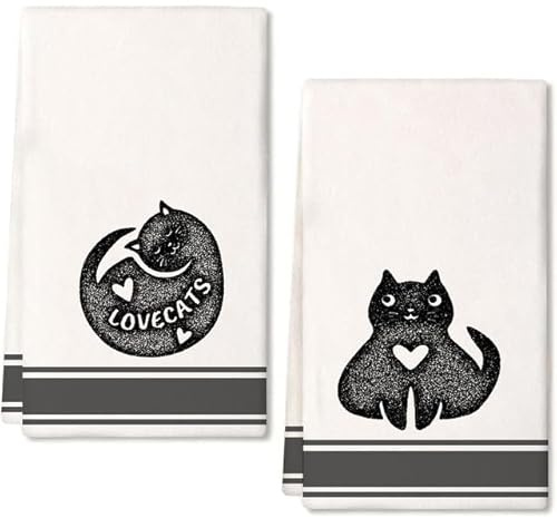 Horienteeon 2 Stück lustige schwarze Katzenküchentücher, süße Liebeskatzen, Küchentücher, schwarze Geschirrtücher für die Küche, schnell trocknende Mikrofasertuch, Geschirrtücher, perfekt als