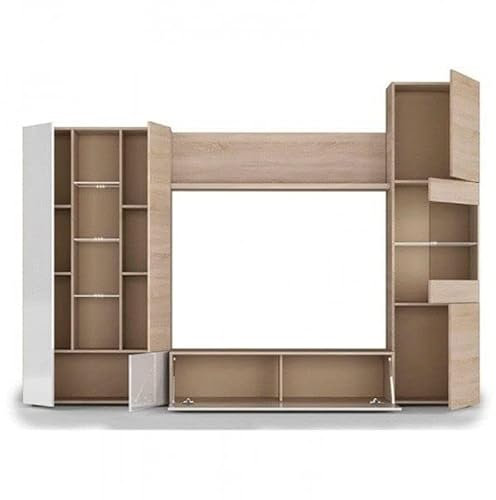 Habitdesign Salón Compacto 260, Mueble televisión, Modelo Essential, Acabado Roble Canadian y Blanco Brillo, Medidas: 185 cm (Alto) x 260 cm (Ancho) x 42 cm (Fondo)