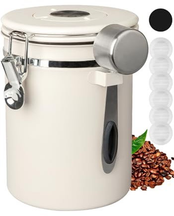 INFTYLE Airtight Coffee Canister, 1800ML, White, Stainless Steel Air Tight Lid Container with Date Tracker and Scoop Food Storage Jar for Grounds Coffee, Beans, Flour, Cereal (White)