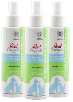 Real Friends | Agua perfumada con esencia de talco, 3 x 125 ml, perfume para perros y gatos, sin alcohol ni gas, certificación ICEA, Made in Italy