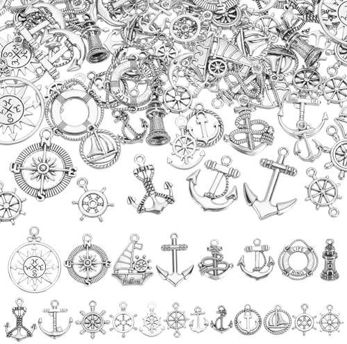 FINGERINSPIRE 80 Stück 20 Stile Tibetischer Stil Legierungs Charms Antikes Silber Anker Themen Anhänger Anker Ruder Helm Schiffsrad Verbindungen Anschlüsse Turmbau Charms Für DIY Bastelarbeiten