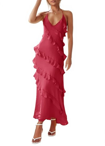 Wenrine Womens Sexy Chiffon Halter Maxi Dress Sleeveless Backless Ruffle Tassel Party Club Dresses Red