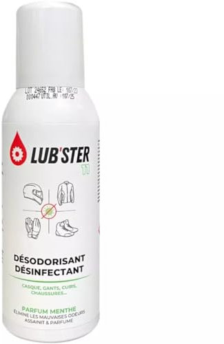 DÉSODORISANT DÉSINFECTANT EQUIPEMENTS MOTO LUB'STER • Pour casque moto, gants, chaussures et cuir • Neutralise les mauvaises odeurs • Sensation de fraîcheur immédiate • Assainit et parfume • 150 mL