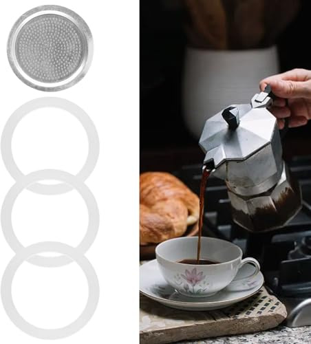 3 Silikon-Dichtungen und 1 Aluminium-Filter-Ersatz, Dichtung für Ring für Espresso-Kanne, Mokkakanne Zubehör (12 Tassen)