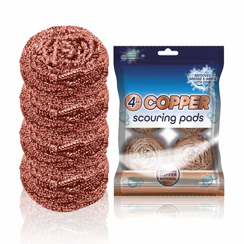Copper Coated 4PC mini Scourer Stain Removing Cheap Kitchen Scourers For Cookware Removes Tough Grease Wire BBQ Pot Pan Scouring Pad Spiral Dish Cleaning Galvanized Mesh Steel Scrubbers (4)