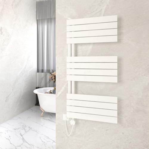 GY Bath Badheizkörper Elektrisch mit Thermostat 1200x600mm, Weiß Handtuchtrockner Elektrisch Flach Design Handtuchheizkörper Seitenanschluss mit Heizstab Timer Handtuchwärmer 800W
