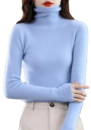 Suéter de cuello alto ajustado para mujer, 100 % lana merino, jersey de manga larga, azul celeste, L