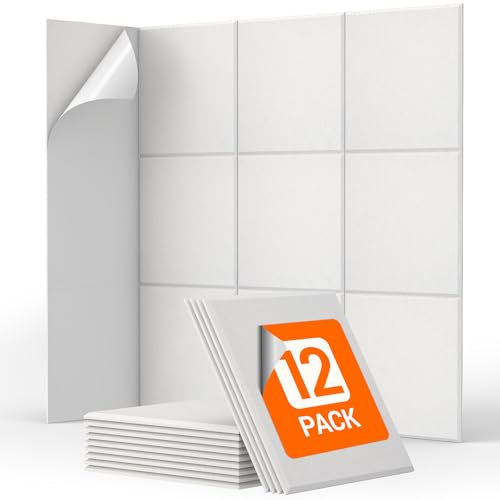 Quadratische Akustikplatten selbstklebend 12St., TONOR Schallabsorber Schallschutz mit Hochdichte Wandfliesen Schall Dämmung 30x30x0,9cm für Studio, Büro, Akustische Behandlung Wanddekoration Weiß