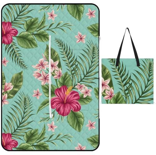 JZemdybill Picknickmatte mit Reißverschluss, tropische Hawaii-Blätter, Blumen, Picknickdecke, Outdoor-Teppiche, 150 x 100 cm
