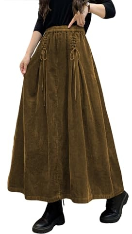 ebossy Women's Corduroy Maxi Skirt Elastic High Waist Drawstring Tie Front A-Line Pleated Long Skirt with Pockets (L, Brown)