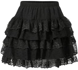GORGLITTER Women's Lace Tiered Ruffle Mini Skirt A Line Flared Elegant Short Cake Skirts Black Small