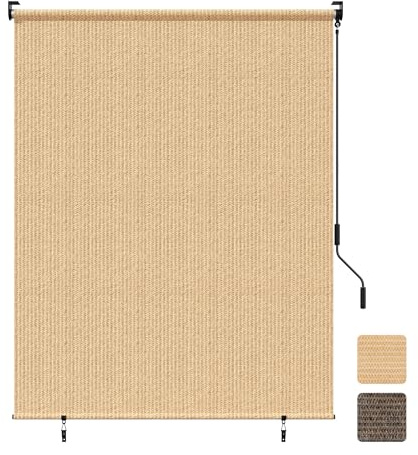 Grandekor Outdoor Roller Shade,6' W x 6' H,Patio Roll Up Shade Cordless,Outdoor Privacy Screen with 220GSM HDPE Aluminum,Wand Operation,Exterior Roller Shade Cloth for Porch Gazebo Backyard,Khaki