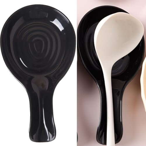2 Pack Spoon Rest, Plastic, Kitchen Utensil Rack for Spoons, Tongs, Spatulas, Spoon Rack for Hob, Spatula Rest,Spoon Holder for Kitchen Counter Dishwasher Safe (Black)