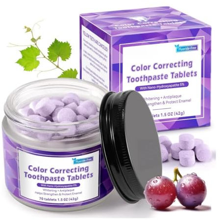 Hydroxyapatite Solid Toothpaste Tablets, for Teeth Whitening,Fresh Breath, Enamel-Safe and Remineralizing Tablets with Coconut Oil, Grape, Xylitol,Easy Travel-Friendly Dental Care (70 Tablets)