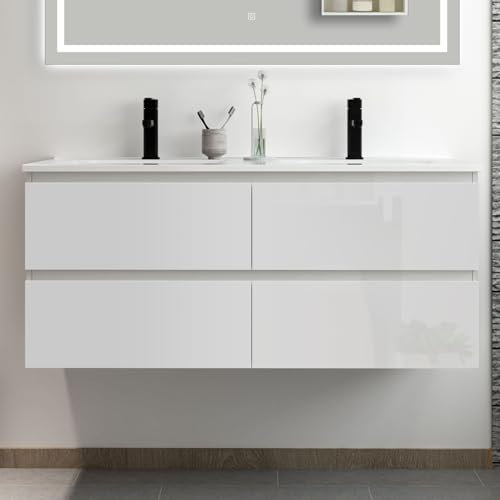 Acezanble Meuble Salle de Bain 120cm Blanc Brillant avec 4 tiroirs à Fermeture Automatique et Double lavabo céramique