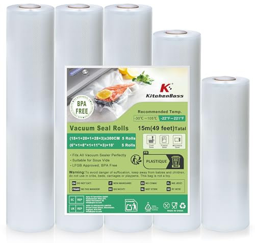 KitchenBoss Bolsas Vacío para Alimentos：5 Rollos Bolsas Vacio Alimentos 28x3/20x1/15x1/300 cm, Rollos Envasadora al Vacio para Sous Vide Cocina y Maquina de Vacio