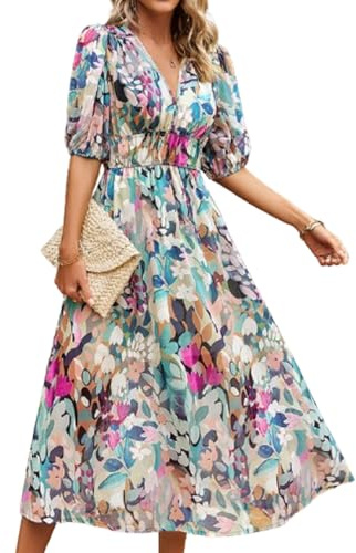 BSLVWG Bohemian Maxi Kleid Damen V-Ausschnitt Blumendruck Hohe Taille Boho Sommer Strand Flowy Swing Urlaub Lange Midi Kleider (DE/NL/SE/PL, Alphanumerisch, M, Regular, Regular, Bunt)
