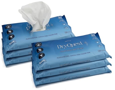 DryQuest Incontinence Wet Wipes, Pack of 180 Travel Wipes- Versatile, Soft & Moist, Fragrance and Alcohol Free -Formulated for Sensitive Skin for Adults with Aloe Vera & Chamomile Extract (20 x 28 cm)