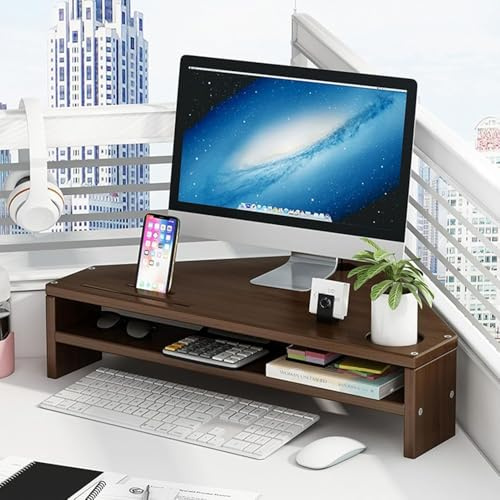 Bambu Hörn Bildskärmsstativ, Ergonomiskt Skrivbord Triangel Skärmhöjare Med 2 Nivåer Lagring, Hög Belastningskapacitet Skrivbordsorganisatör Hylla För Skrivare/Pc, Walnut