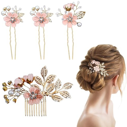 GGUFAY Set di 4 Fermagli Capelli Sposa, Pettine per Capelli da Sposa con Perle,Accessori Capelli Sposa con Strass Rosa,per Accessori per Capelli da Sposa Fascia da Sposa
