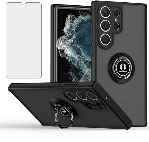 ELISORLI Phone Case for Samsung Galaxy S23 Ultra 5G with Tempered Glass Screen Protector Rugged Finger Ring Rotating Stand Magnetic Car Mount Cell Cover S23Ultra 23S S 23 23Ultra 6.8 inch Men Black