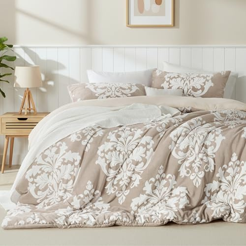 Exclusivo Mezcla Fleece Queen Comforter Set, Soft Fluffy Warm 3D Boho Comforters Queen Size, Luxury 3-Pieces Reversible Fuzzy Bedding Sets for Winter with 2 Pillow Shams, Camel
