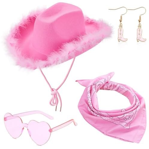 FCXVXCL Chapeau de Cowgirl, Chapeaux Cowboy Plume, Cowgirl Hat Avec lunettes et Rose Bandana pour Masquerade Costume Halloween Dress Up Déguisement Cosplay Fête 4pcs