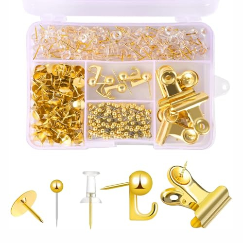 Goldene Reißzwecken-Set, 310 Stück, dekorative Reißzwecken, Reißzwecken, Kartennadeln für Büroorganisation, Markierung – Gold