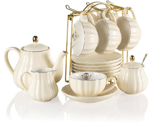 Sweejar Porcelain Tea Sets British Royal Series, 8 OZ Cups & Saucer Service for 6, with Teapot Sugar Bowl Cream Pitcher Teaspoons and Tea Strainer, Suitable for High Tea, Wedding, Party（Beige）