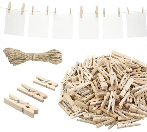 Lot de 165 Mini Pinces à Linge en Bois - Petites Pinces à Linge - 2,5/3/3,5 cm - avec Ficelle de Jute de 10 m - pour accrocher des Photos
