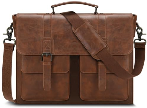 RAINSMORE Aktentasche Herren PU Leder Arbeitstasche Wasserdicht Laptoptasche 15.6 Zoll Messenger Bag Umhängetasche für Business Büro Uni Braun