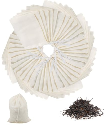 100 Pack Cotton Muslin Bags with Drawstring, BRYXXA 10 × 8 cm Reusable Muslin Bag Empty Spice Soup Coffee Tea Bag, 100% Cotton Mesh Bags for Cooking, Soup, Tea Coffee Filter, Seed Spice Storage