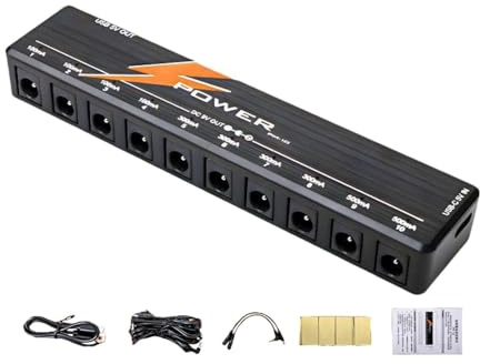 JunZheHub Pedal Power Effektpedal Netzteil mit 10 Isolierten Ausgängen, Rauschunterdrückung, Tragbar, Inklusive PP Koffer, Polaritäts Und Befestigungsaufkleber, Schwarz