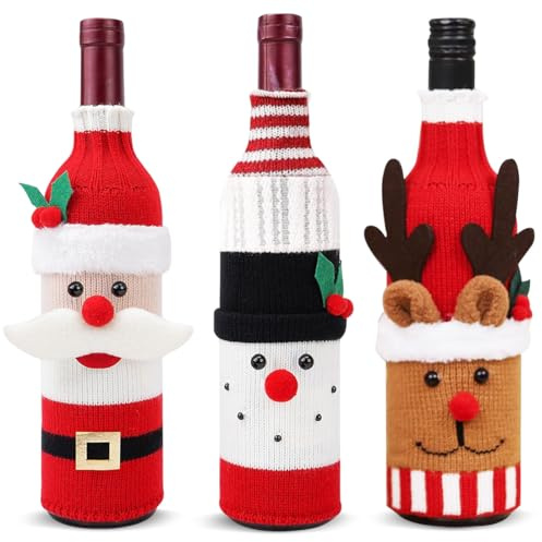 YOFDAL 3pcs Flaschen Deko Weihnachten,Weihnachtstüten Flaschen,Cartoon Flaschenverpackung Weihnachtens,Gestrickter Weinflaschen Verpackung,Lustige Flaschendekoration Weihnachten
