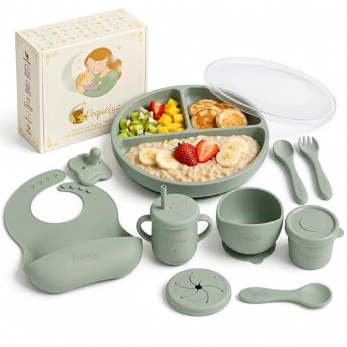 PequeLuz Kit BLW Bebé Silicona LFGB con Ventosa y Vaso 3 en 1