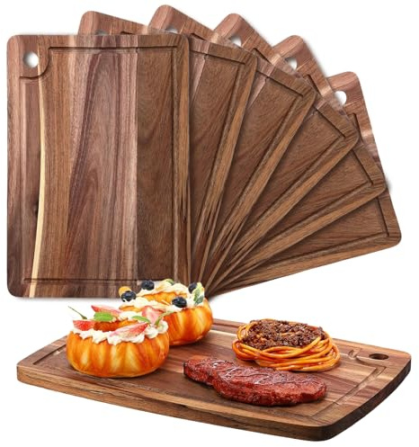 6er Set Schneidebretter aus Holz, Schneidebrett aus Akazienholz mit Saftrille, 1,5 cm Dicke, Küchen-Hackbrett aus Holz für Fleisch, Käse, Obst und Brot, 35 × 25 cm