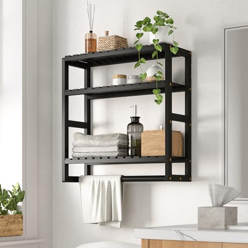 Bamworld Scaffale da Bagno a 3 Ripiani in Bambù, Organizzatore da Parete Moderno e Salvaspazio per Bagno, Cucina o Ufficio, Nero
