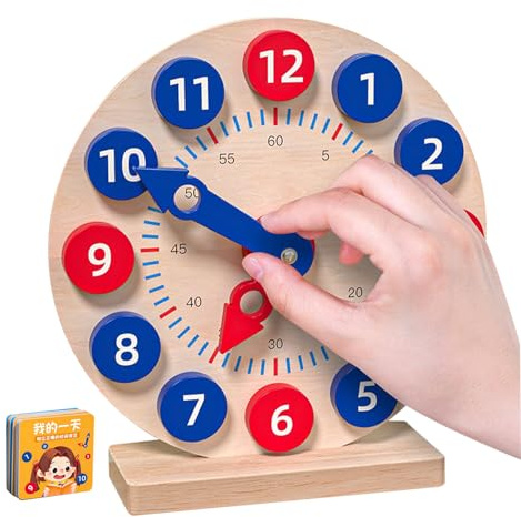 Genérico Reloj De Aprendizaje para Niños: Material Didáctico para Decir La Hora De Madera con Manecillas Móviles Y 18 Tarjetas | Juguete De Aprendizaje Time para Estudiantes De Educación En Casa, Au