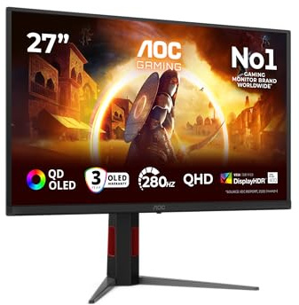 AOC Q27G4ZD 27 Zoll WQHD USB Hub Gaming Monitor, 280Hz, QD-OLED Panel, 0.03ms GtG, HDR400 TrueBlack, G-Sync Compatible, Höhenverstellung,(2560x1440 HDMI 2X 2.1 DP 1x 1.4) Schwarz