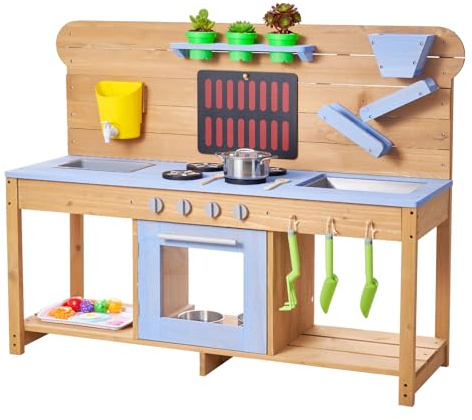 VEVOR Cuisine à Boue 122 cm Cuisine Patouille Extérieur Enfant pour Jouer avec Eau et Sable, en Bois, avec Four, Pots Plantation, Crochets, Double Évier, Pelles, Spatules, Casseroles, Accessoires