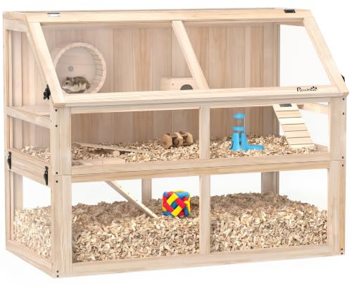PawHut Hamsterkäfig aus Holz 3 Etagen Wippe 95 x 53 x 76 cm Naturholz