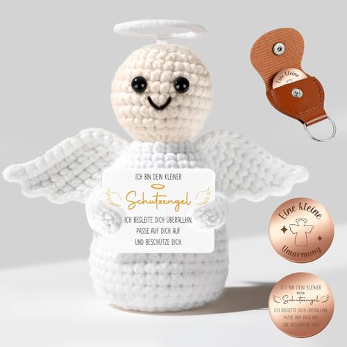Giftota Pocket Hug Schutzengel - Handgehäkelte Schutzengel mit Glücksmünze & Lederetui - Glücksbringer, Mutmacher, Gute Besserung Geschenk - Geschenke für Frauen, Männer, Freundin, Familie
