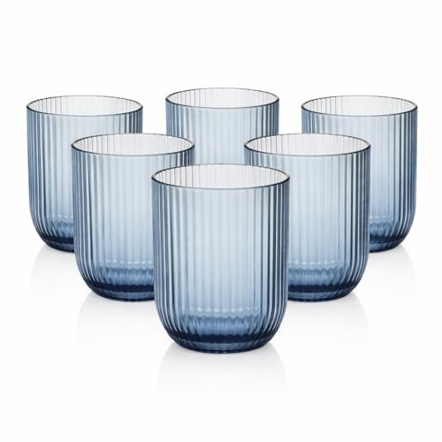 MECSAL CASALINGHI Set 6 Bicchieri Vetro Rigato 300 ml – Bicchieri Acqua e Cocktail Design Moderno, Bicchieri Colorati Eleganti per Tavola e Cucina, Resistenti Lavastoviglie, Tumbler in Vetro (Blu)