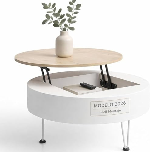 MOVEXA ORTHOPEDICS Mesa Centro Elevable Redonda Blanca 75cm con Almacenaje Oculto y Diseño Nórdico para Salón Pequeño