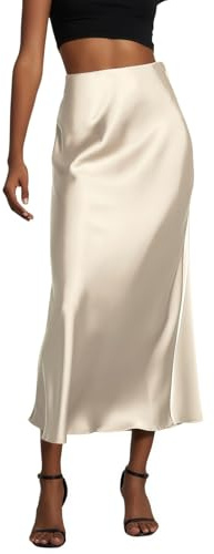 SamHeng Women's Satin Long Skirt High Waist Emphasis Fishtail Maxi Skirts | Elegant Solid A Line Flowy Casual Skirt, Slim Flared Hem Midi Dress for Formal Wedding Vacation Cocktail Party Work Office