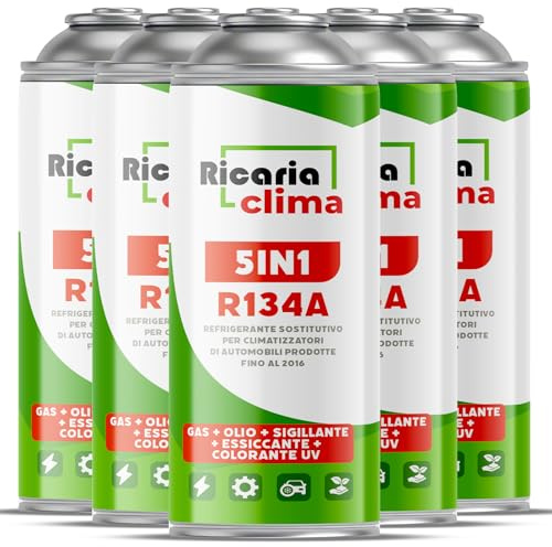 Ricaria Clima 5 en 1 – 5 latas de refrigerante sustituto R134a de 235 g Cada una para Aire Acondicionado de Coche con Aceite, sellador de Fugas, trazador UV y deshidratante – Protege el compresor