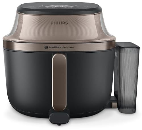 Philips Steam Airfryer 5000 Serie Heißluftfritteuse, Schwarz/Gold, 7,2 L | Dampfgar-Funktion und SteamFry, Sichtfenster, RapidAir Plus Technologie, 21 Kochfunktionen, HomeID App (NA547/07)