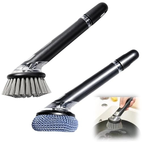 2-Piece Soap Dispensing Dish Brush Set, Kitchen Scrubbing Brush with Refillable Handle, Scourer for Pots and Pans, Non-scratch Kitchen Cleaning Bundle for Sink and BBQ